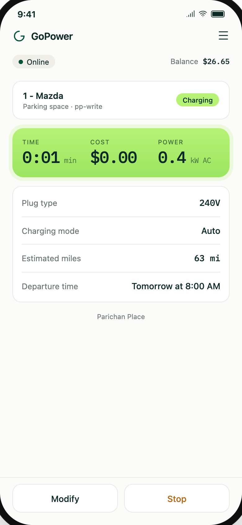 GoPower app, active charging: time, cost and power